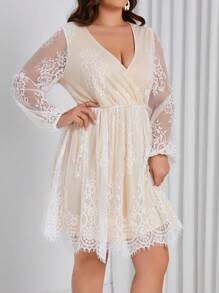 SHEIN Privé 大尺碼蕾絲網紗燈籠袖禮服 - 杏色 - 查看 5