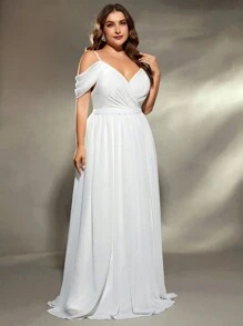 Plus Size Asymmetrical Ruched Cross Chiffon Sleeveless Bridal Ball Gown, Wedding Dress,Bride