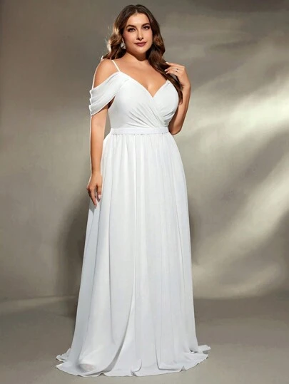 Plus Size Asymmetrical Ruched Cross Chiffon Sleeveless Bridal Ball Gown, Wedding Dress,Bride Spring White Party