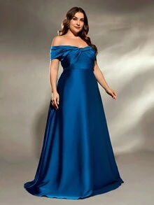 Đầm xòe trễ vai bằng vải satin cổ chữ thập bất đối xứng - Màu xanh lam - Xem 3