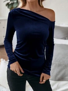 SHEIN Clasi Women's Asymmetrical Shoulder Velvet T-Shirt