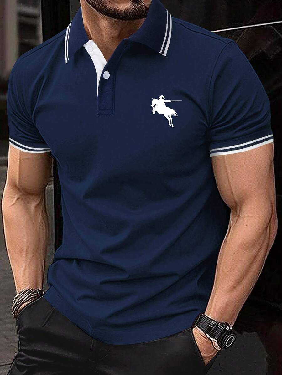 Manfinity CasualCool Camisa Polo De Bloque De Color Azul Marino Para Hombres Con Ribete De Contraste - azul real - Ver 1