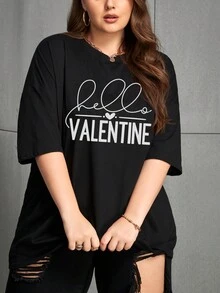 SHEIN EZwear 大尺碼女士情人節印花t恤 - 黑色 - 查看 3