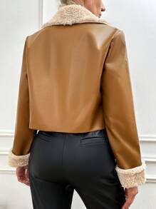 SHEIN Allurite Vòng cổ Da giả Áo khoác - màu nâu - Xem 2