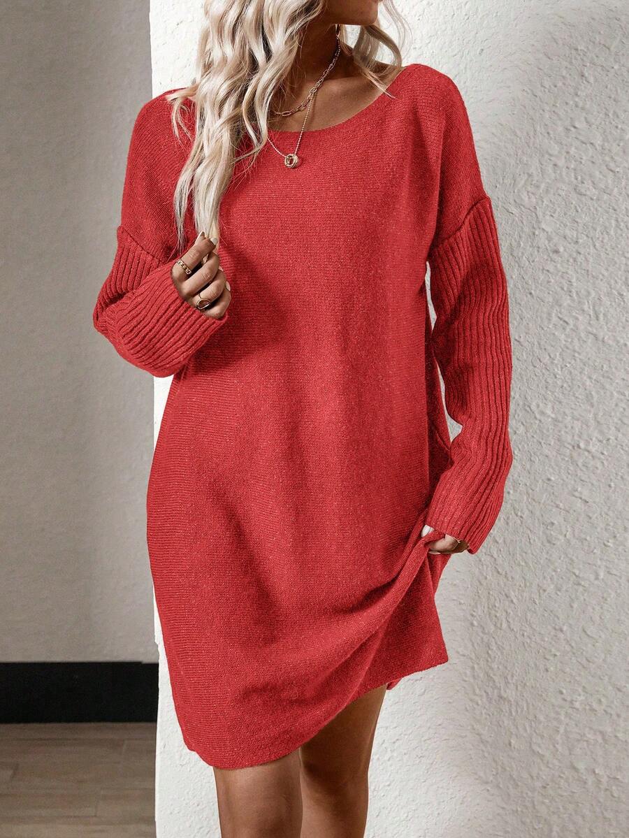 Chiquease Women'S Short Drop Shoulder Knit Sweater Dress - Red - View 1