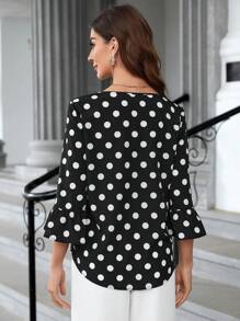 EMERY ROSE Blusa holgada de mujer con cuello redondo, manga 3/4, volantes y estampado de lunares