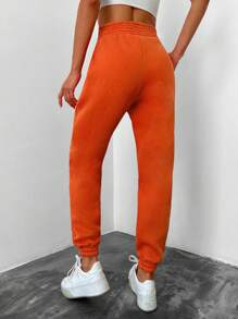 RueChic Letter Patched Detail Slant Pocket Joggers - Burnt Orange - View 2