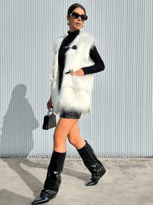 SHEIN Privé Solid Color Double Pocket Horn Button Plush Vest Coat - White - View 4