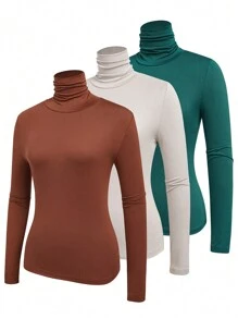 INAWLY 女士3入組緊身高領純色t恤 - 彩色 - 查看 1