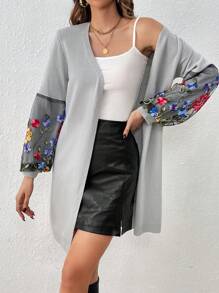 SHEIN LUNE Flower Mesh Contrast Cardigan Fall Cloth For Women - Light Grey - View 4