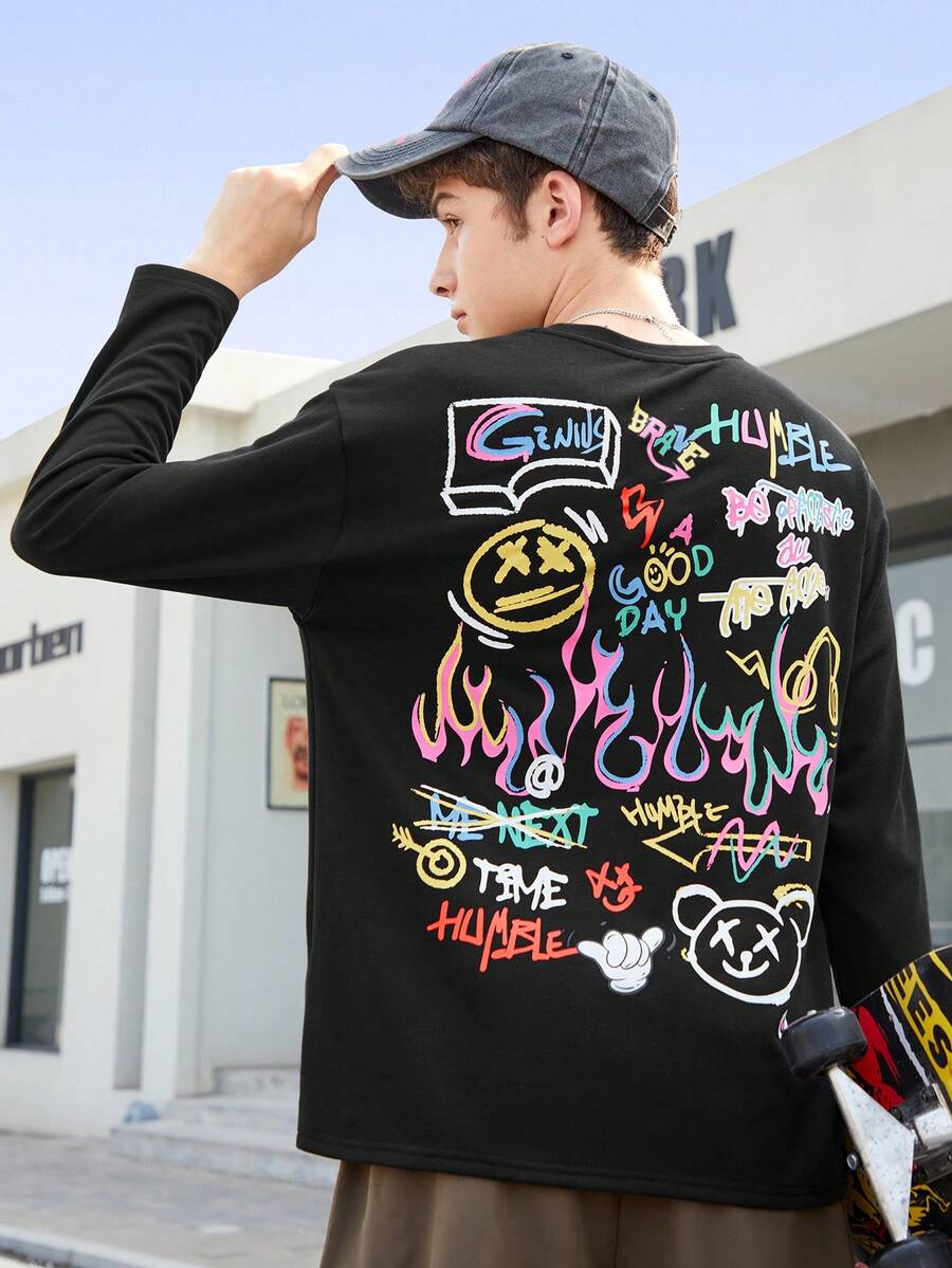 SHEIN 男童舒適休閒彩色塗鴉印花圓領針織長袖上衣 - 黑色 - 查看 1