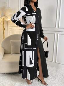 SHEIN Clasi 幾何印花前紐扣襯衫洋裝 - 黑色 - 查看 3