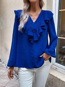 SHEIN Clasi Của phụ nữ Chấm Swiss Tay áo lồng đèn Áo sơ mi Với Xù Hoa Sen - Màu xanh lam - Xem 4