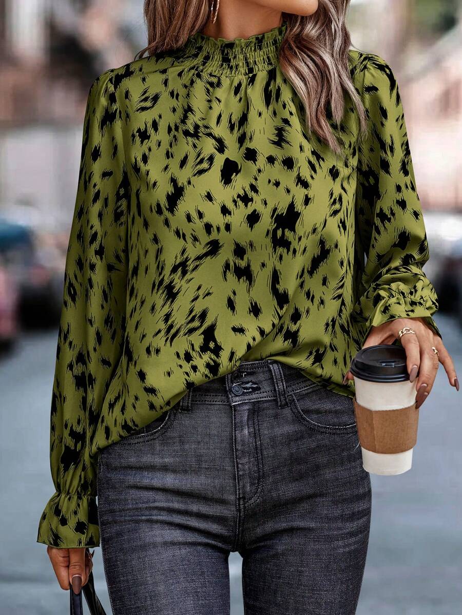 SHEIN LUNE Women's Printed Flounce Collar Long Sleeve Blouse - Army Green - View 1