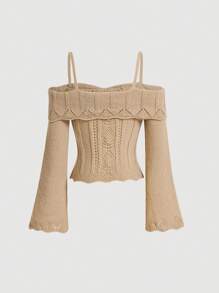 SHEIN MOD Women's Solid Color Open Shoulder Sweater With Scallop Trim Flare Sleeves - Khaki - View 2