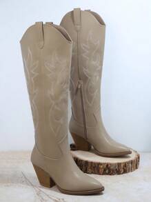 SHUZIA Fashionable Western Style Women Mid-Calf Boots With Pointed Toe, Chunky Heel And Designed Patterns, Suitable For Daily Wear