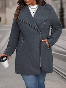 SHEIN LUNE 大尺碼女裝前拉鍊羊毛大衣 - 灰色 - 查看 3