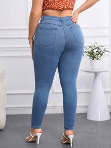 SHEIN LUNE 女裝加大尺碼修身牛仔褲 - 淺色水洗藍 - 查看 2
