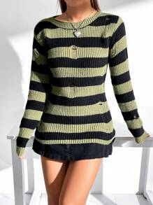 SHEIN EZwear 女條紋仿舊毛衣 - 綠色 - 查看 5
