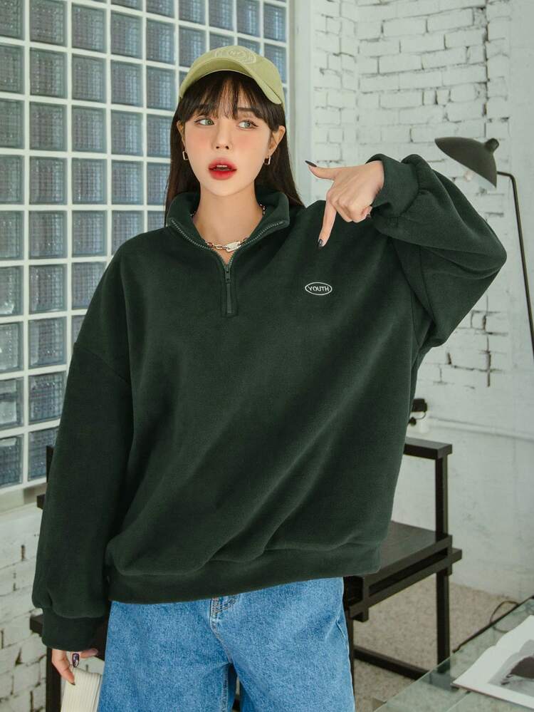 Letter Embroidered Zippered Drop Shoulder Sweatshirt,Long Sleeve Tops,Fall Women Clothes