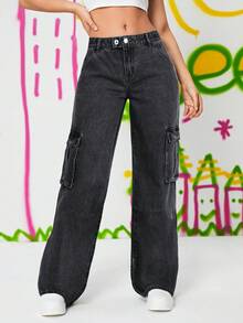 SHEIN EZwear Flap Pocket Cargo Denim Trousers - Dark Grey - View 2