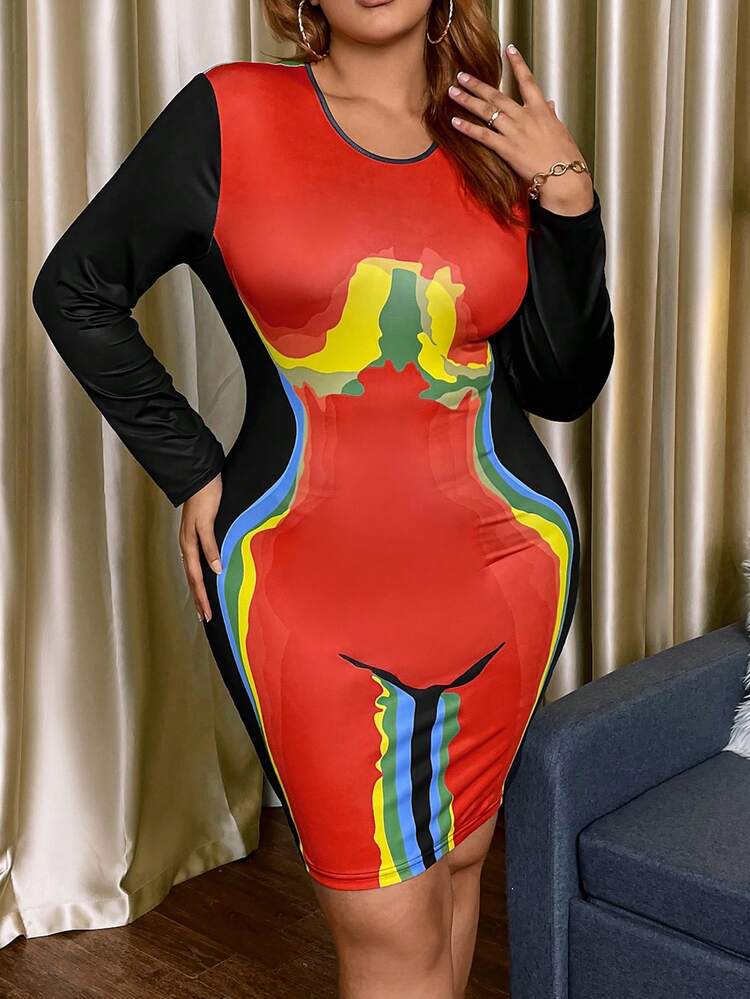 Plus Size Women's Pattern Printed Long Sleeve Wrap Bodycon Dress