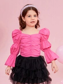 SHEIN Camisa Tejida Elegante Y Ajustada Con Mangas Hinchadas Y Cuello Acanalado De Pollo Y Estampado Floral Para Niñas Pequeñas, Ideal Para Ocasiones Elegantes Y Casuales - Rosa Fucsia - Ver 3