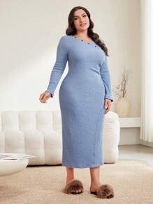 Mulvari 大尺碼女士v領長袖修身連衣裙 - 藍色 - 查看 4