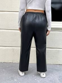 SHEIN EZwear 女式大尺碼抽繩鬆緊腰帶長褲 - 黑色 - 查看 2