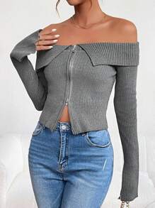 SHEIN Essnce Casual Collared Slim Fit Zipper Cardigan - Dark Grey - View 4