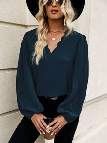 SHEIN Clasi Solid Color Lantern Sleeve Shirt With Scalloped Edge Collar - Royal Blue - View 6