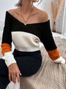 VaVaBold Jersey de punto con hombros descubiertos y espalda contrastante, tops de manga larga