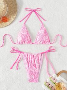 Swim Mod Summer Beach Women's Floral Print Halter Neck Tie Bikini Set - Pink - View 1