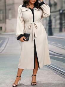 SHEIN LUNE Plus Contrast Trim Flap Detail Belted Shirt Dress - Apricot - View 3