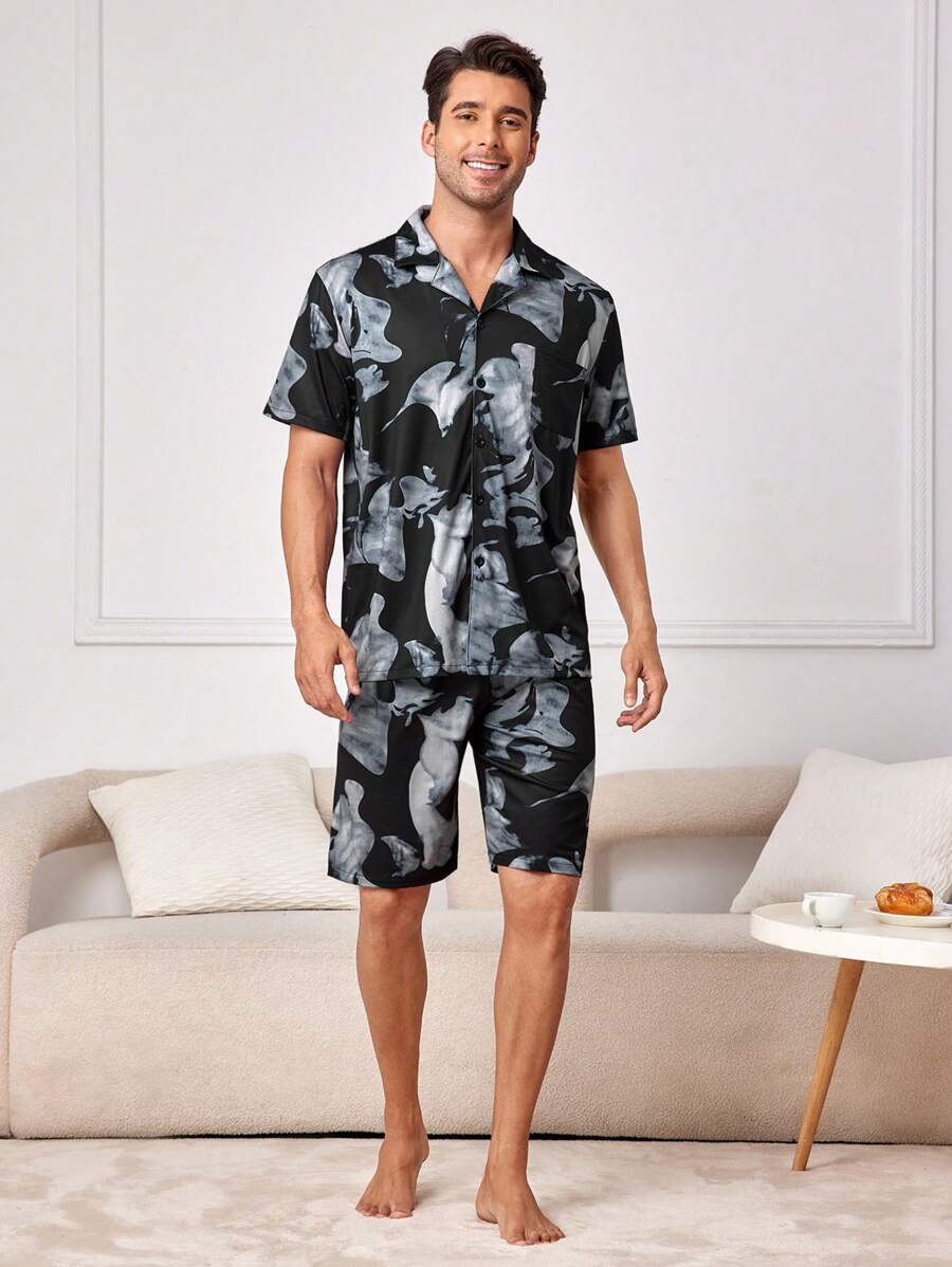 Men's Printed Patch Pocket Pajama Set - Black - View 1