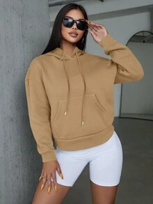 SHEIN PETITE 女士字母印花下墜肩帶束口連帽衫 - 米色 - 查看 2