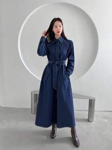 SHEINNeu Women's Raglan Sleeves Belted Dress - Navy Blue - View 4