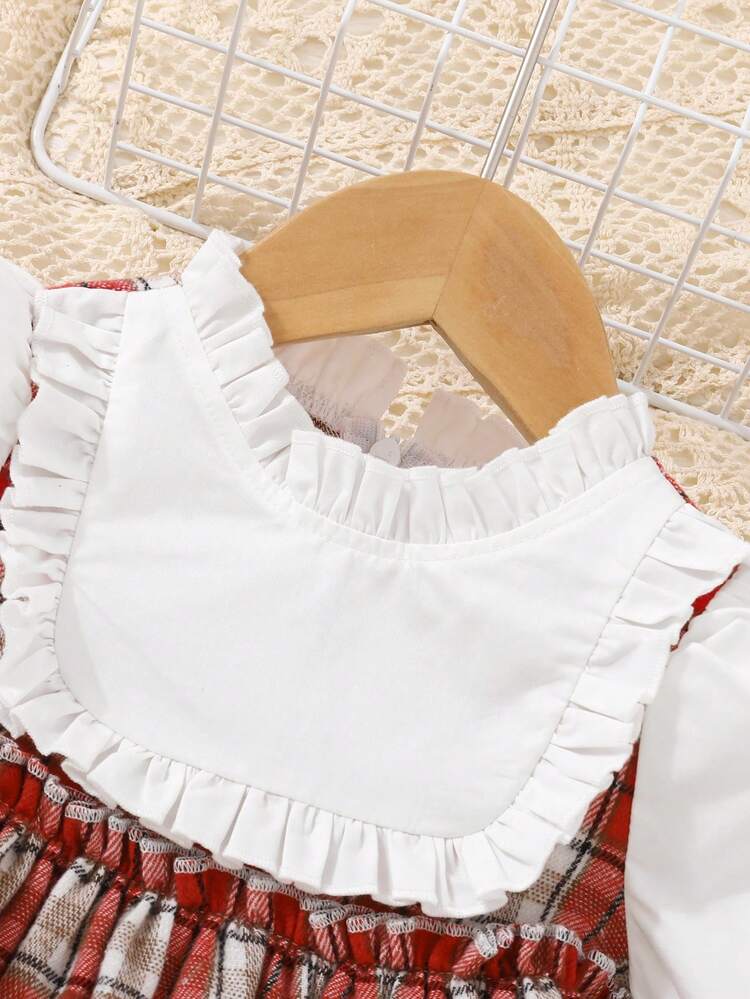 Baby Girls' Cute Vintage Style 2 In 1 Loose Dress With Ruffled Collar & Plaid Patchwork