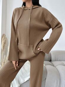 EURMUSE Kvinnors Enfärgad Huva Stickad Tröja 2st/set