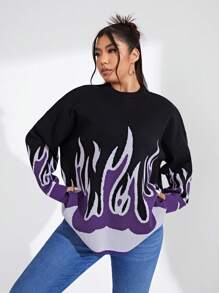 SHEIN EZwear 女款大尺碼圓領落肩火焰圖案拼色套頭毛衣 - 紫色 - 查看 6