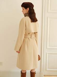 Của phụ nữ Cổ bẻ DOUBLE-BREASTED Dài Len áo Với Thanh lịch Phong cách - Màu Khaki - Xem 2