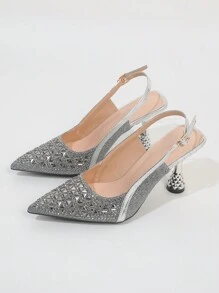 Zapatos de tacón alto para mujer con puntera estilizada y decoración de rhinestones, elegantes, bombas de mujer, atuendos de fiesta, Otoño/Invierno 2025 - Gris Oscuro - Ver 3