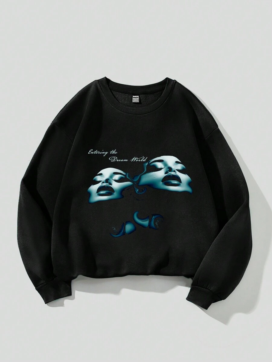 SHEIN EZwear 女裝休閒運動衫，有口號印花和圓領設計 - 黑色 - 查看 1