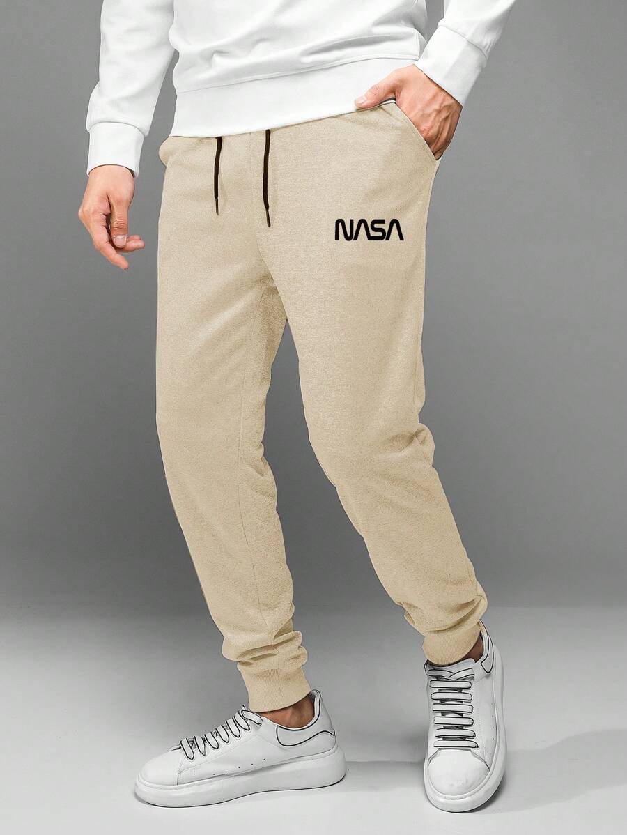 RueChic Cotton Men Letter Graphic Drawstring Waist Sweatpants - Apricot - View 1