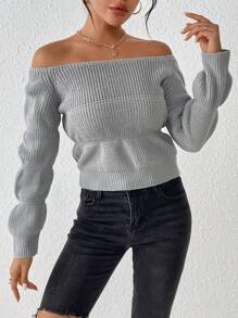 SHEIN Unity Suéter de punto con hombros descubiertos de moda para otoño e invierno - Gris - Ver 4