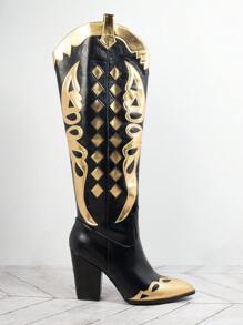 SHUZIA Women's Fashionable Gold Geometric Pattern High Boots Mother's Day Present
