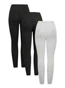 SHEIN Essnce Women'S Solid Color Mesh Ribbed Leggings Set Of 3 - Multicolor - View 2