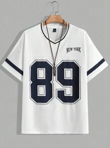 SHEIN Aesthetic Post--Loose Men's Letter Printing V-Neck Short Sleeve T-Shirt - White - View 1