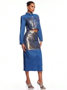 SHEIN BAE Falda vaquera metálica degradada para mujer, atuendo occidental, fiesta de Navidad y Nochevieja - Azul - Ver 5