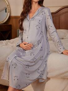 Moonlight&Mama 孕妇卡通图案睡衣连衣裙，适合母亲节、秋季和冬季穿着。 - 淺灰色 - 查看 3